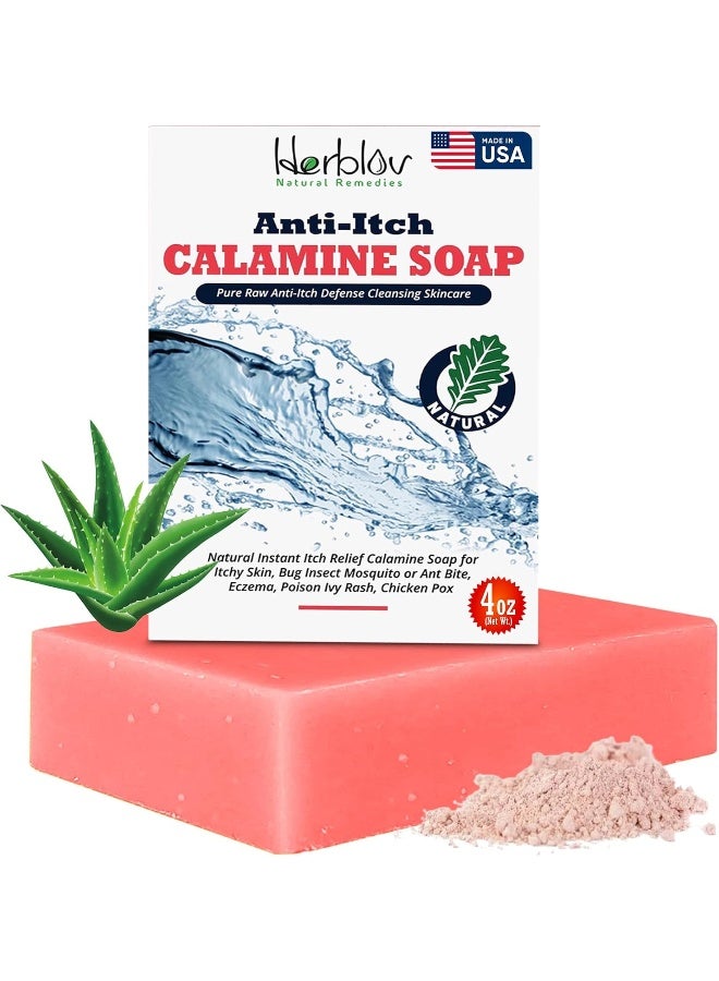 Herblov Natural Instant Itch Relief Soap Bar - Calming Calamine Soap for Itchy Skin, Bug Insect Mosquito or Ant Bite, Eczema, Poison Ivy Rash, Chicken Pox - Pure Raw Anti-Itch Defense Cleansing Skincare - Image 1